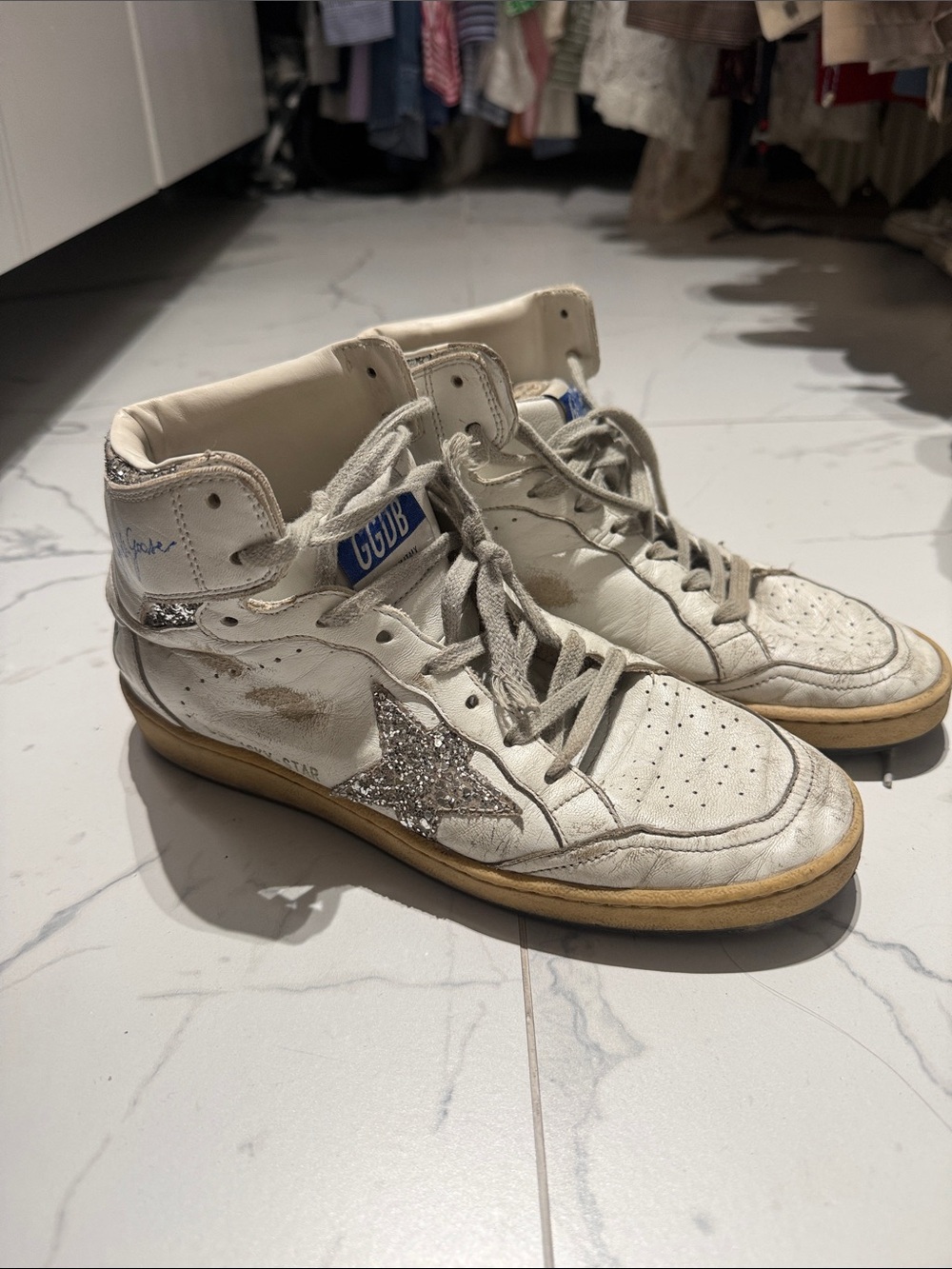Golden Goose Off-White High-Top Sneakers with Silver Glitter Star